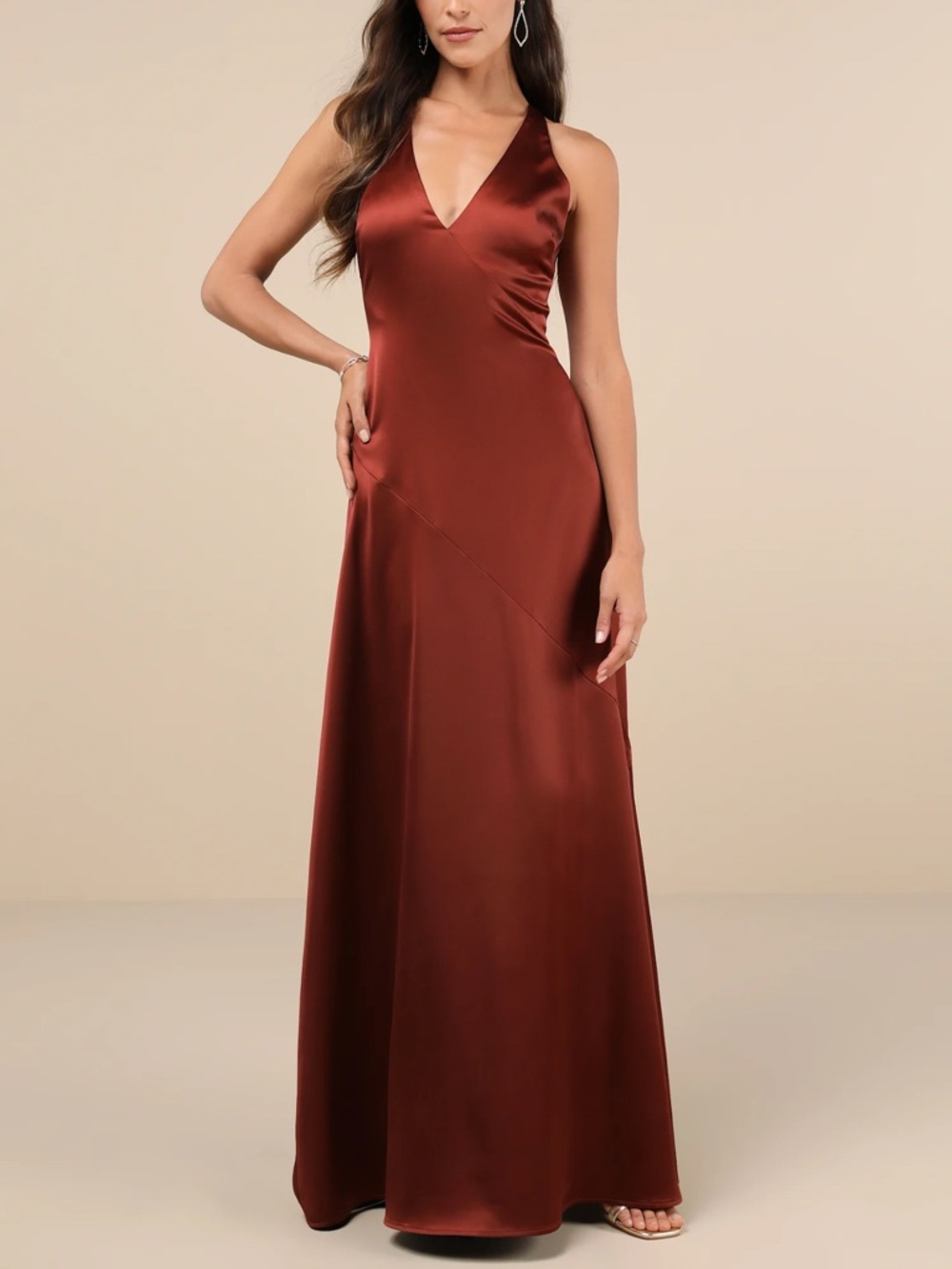 NWT Lulus Purely Elegant Rust Brown Satin Twist-Back Maxi Dress